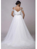 Off Shoulder Sweetheart Neck Beaded White Tulle Wedding Dress